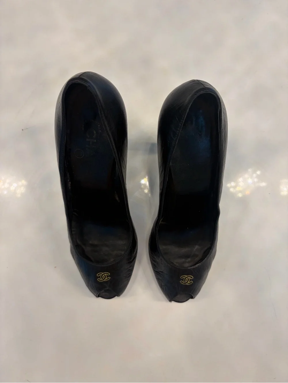 CHANEL Black Leather Peep-Toe Pumps with Gold CC Accent - Picture 3 of 8